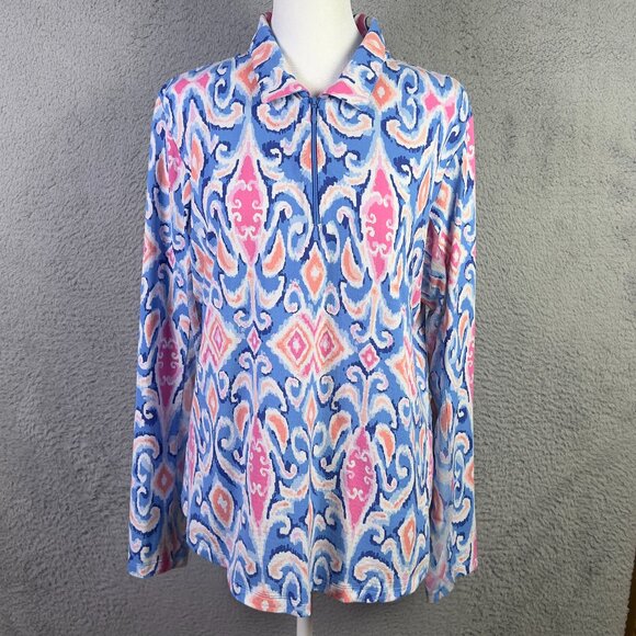 IBKUL Top Women Large Blue Pink Print Quarter Zip Mesh Performance Golf UPF 50+ - Picture 1 of 9